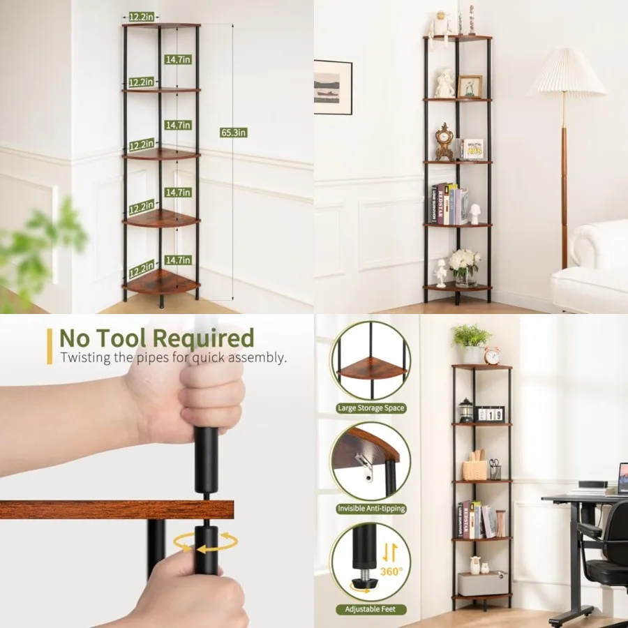 

Corner Shelf Stand, 5-Tier Bookshelf, 65" Tall Shelves for Bedroom, Living Room, Narrow Display Shelf Bookcase, Rustic Book She