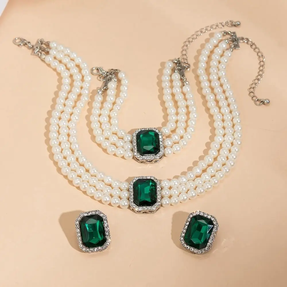 Rhinestones Pearl Jewelry Sets Bead Multi-layer Necklace Bracelet Earring Set Korean Style Imitation Gem Bridal Jewelry Sets