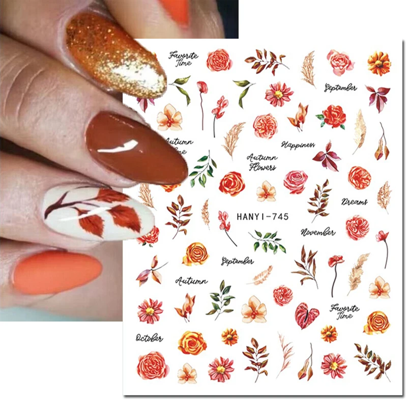 3D Nail Art Stickers Autumn Melard Color Dry Maples Leaves Roses Flowers Fruits Nails Decals Decorations For Manicures