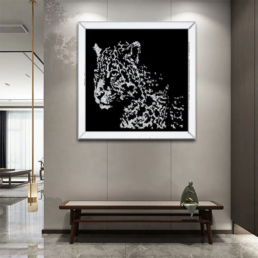 

LUVODI Mysterious 3D Diamond Leopard Drawing Mirrored Wall Art Painting Pictures with Silver Frame