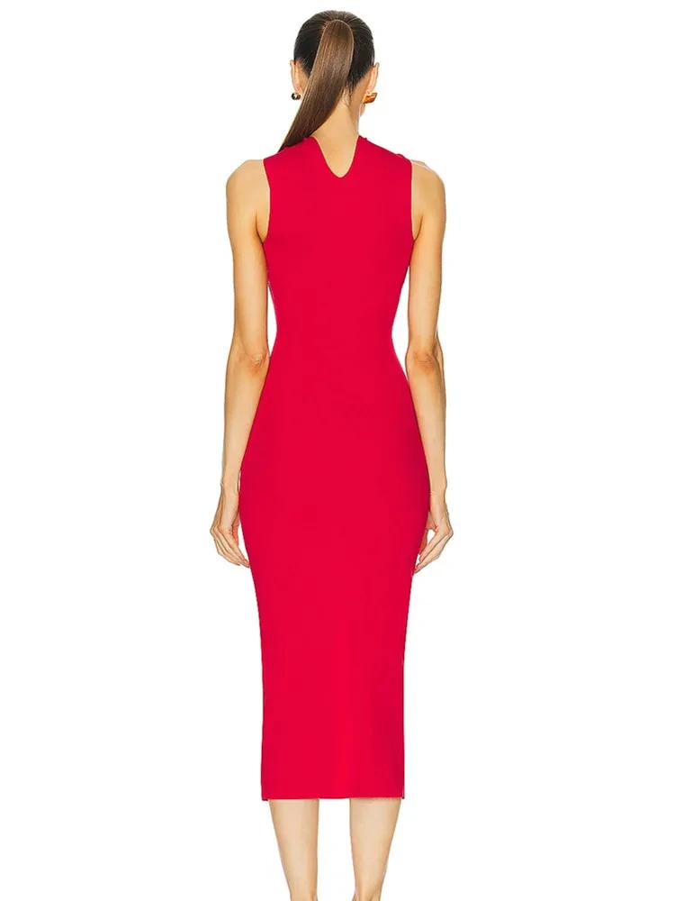 Summer Women Celebrity Sexy Cut Out Red Chain Bodycon Bandage Prom Dress 2024 Elegant Evening Club Cocktail Party Dress