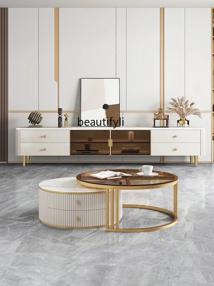 Xz1 لوحة حجرية تلفزيون خزانة شقة صغيرة خشب متين غرفة نوم غرفة المعيشة المنزل زجاج مستدير ضوء طاولة شاي فاخرة مزيج