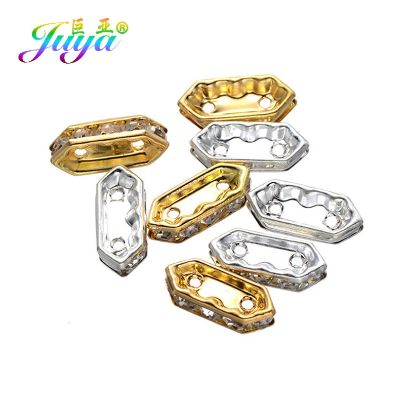 Juya DIY 50Pcs/Lot Gold/Silver Cz Rhinestones Metal Spacer Charm Beads Accessories For Beadwork Natural Stones Jewelry Making