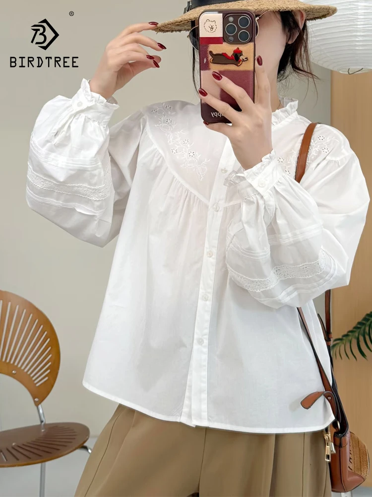 

Новая женская хлопковая рубашка с длинным рукавом Весна 2026, с рюшами и вышивкой, в стиле Mori Girl, модная офисная блузка в стиле преппи, свободная модель INS T62225CC