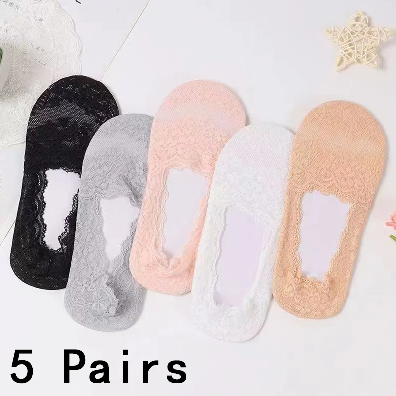 5 Pairs of WOMEN'S Spring/summer Sweat Absorbing Deep Necked Silicone Anti Slip Thin Cherry Blossom Lace Boat Socks