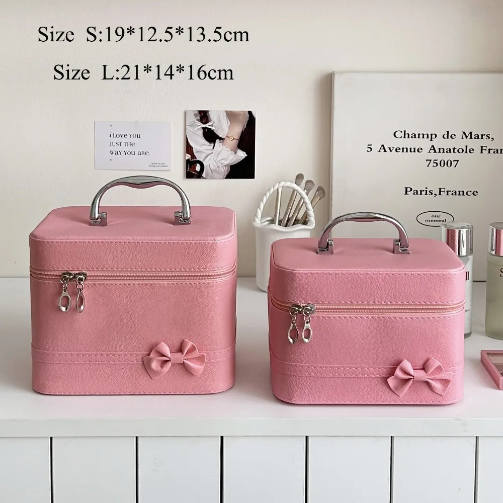 Bowknot Cosmetic Bag Large Capacity Solid Color PU Handheld Makeup Box Lovely Travel Bag