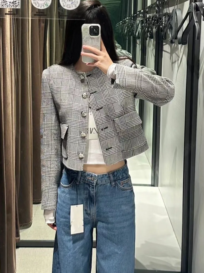 

Casual round Ne ort Coat Ele Plaid Design Cact Woolen Material Ladylike Autumn Winter Faion Outerwear