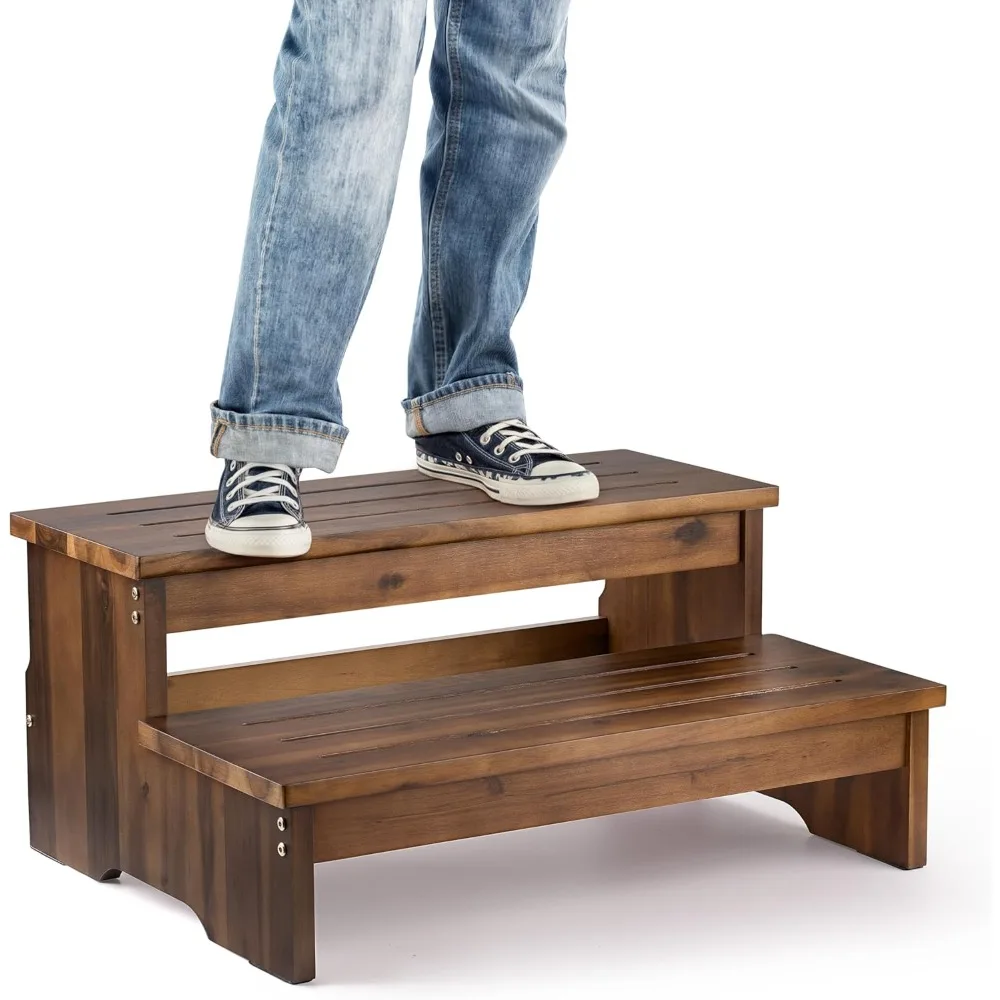 خطوات سرير أكاسيا للأسرة العالية للبالغين - مقعد خشبي بخطوتين - مقعد خشبي (لون الجوز)