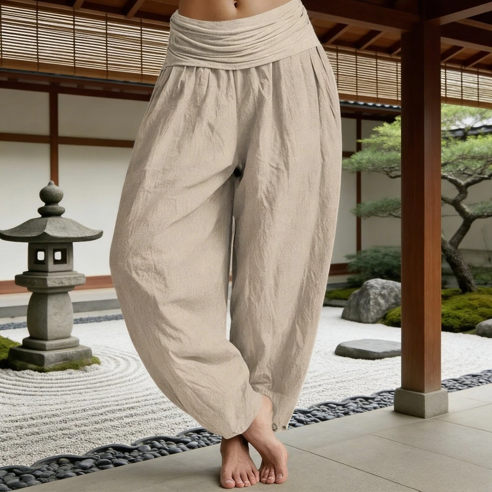 Women's Solid Color Cotton Harem Pants Loose Wide Leg Comfortable Casual Trousers for Yoga & Lounge Chill Daily Wear Trousers