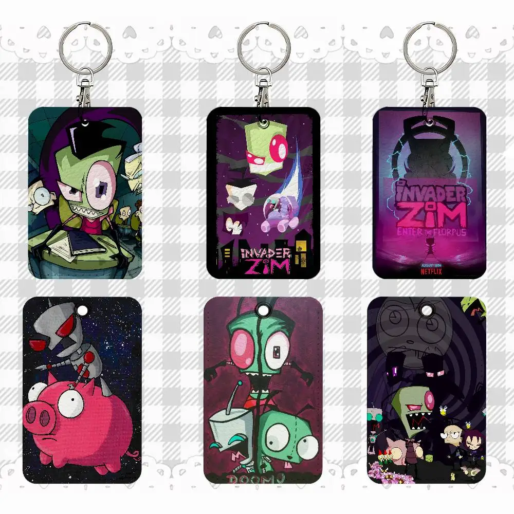 

I-Invader Z-Zim Cartoon Rectangle ID Card Case Keychain Access Card Bag Key Tag Ring Leather Card Holder Key Ring Access