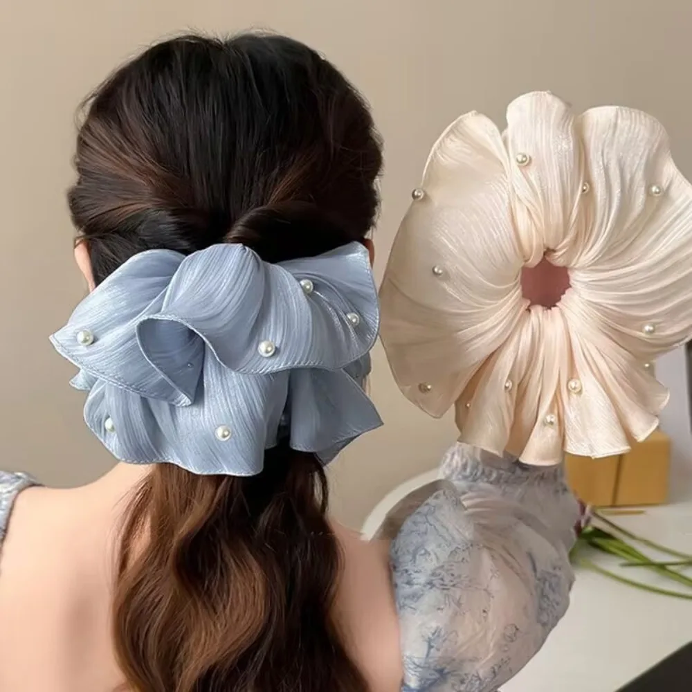 

Elegant Cloth Elastic Scrunchies French Style Rubber Band Women Hair Scrunchies Hair Ring Solid Color Pearls Hair Rope Girls
