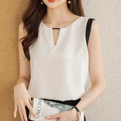 Women Summer Korean Loose Fashion Office Lady Solid Color Half Open Collar Sleeveless Chiffon Shirts Ladies Casual Elegant Tops