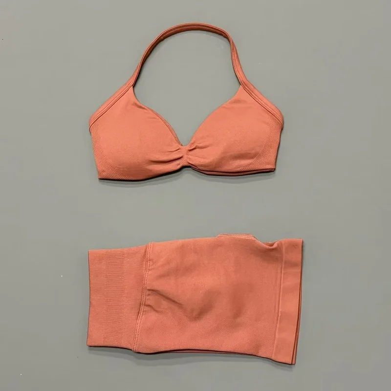 2 Piece Sports Gym Set Strappy Bra Yoga Underwear Short Sport Leggings Bicycle Running Sportswear Woman Seamless Yoga Set image 3
