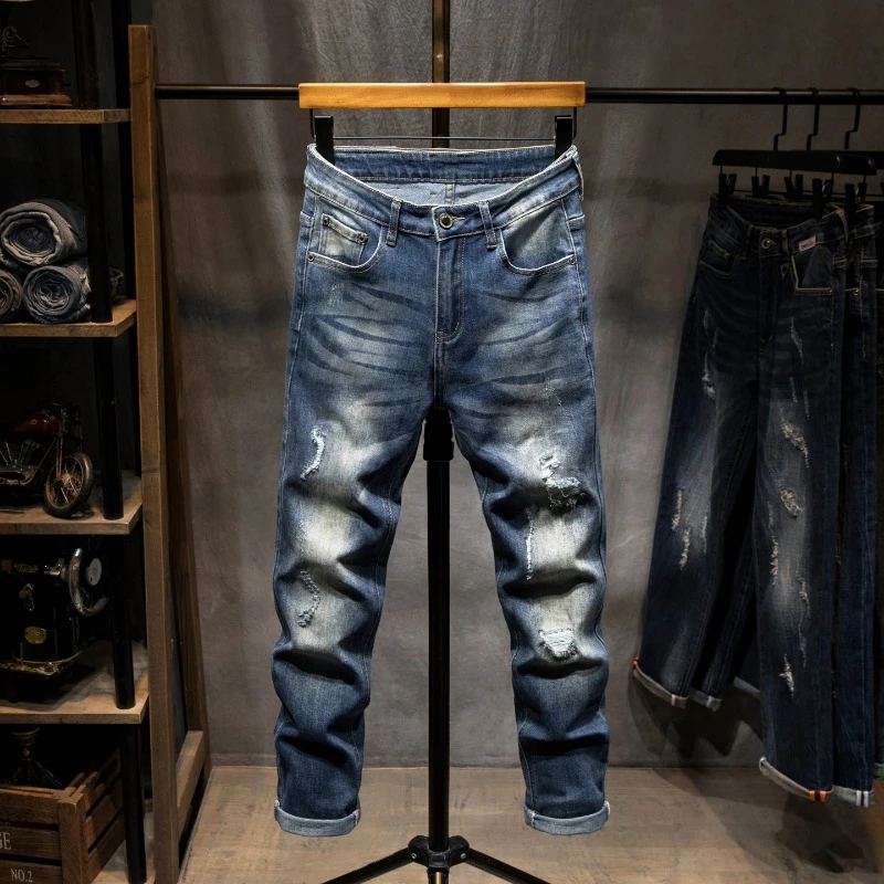 Autumn Men Straight Stretch Vintage Ripped Jeans Versatile Korean Gradient Color Trousers Korean Street Slim Casual Denim Pants