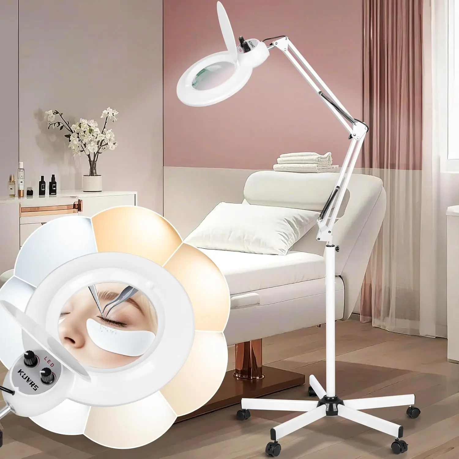 

10X Magnifying Floor Lamp with Light, 5-Wheel Rolling Base, 2200 Lumens LED for Crafts & Facial Nail