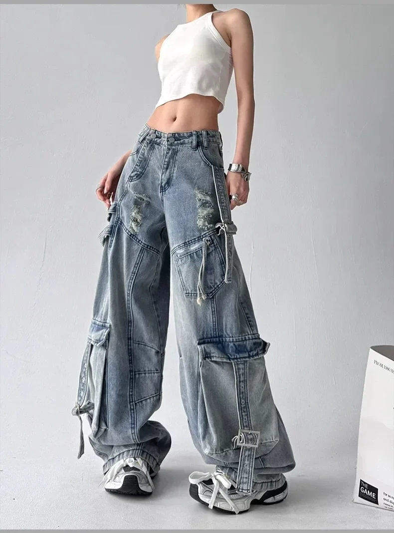 

Frayed Vintage Blue Multi Pocket Ripped Cargo Jeans Women American Cyber Chic Hip Hop Y2k High Waist Loose Straight Denim Pants