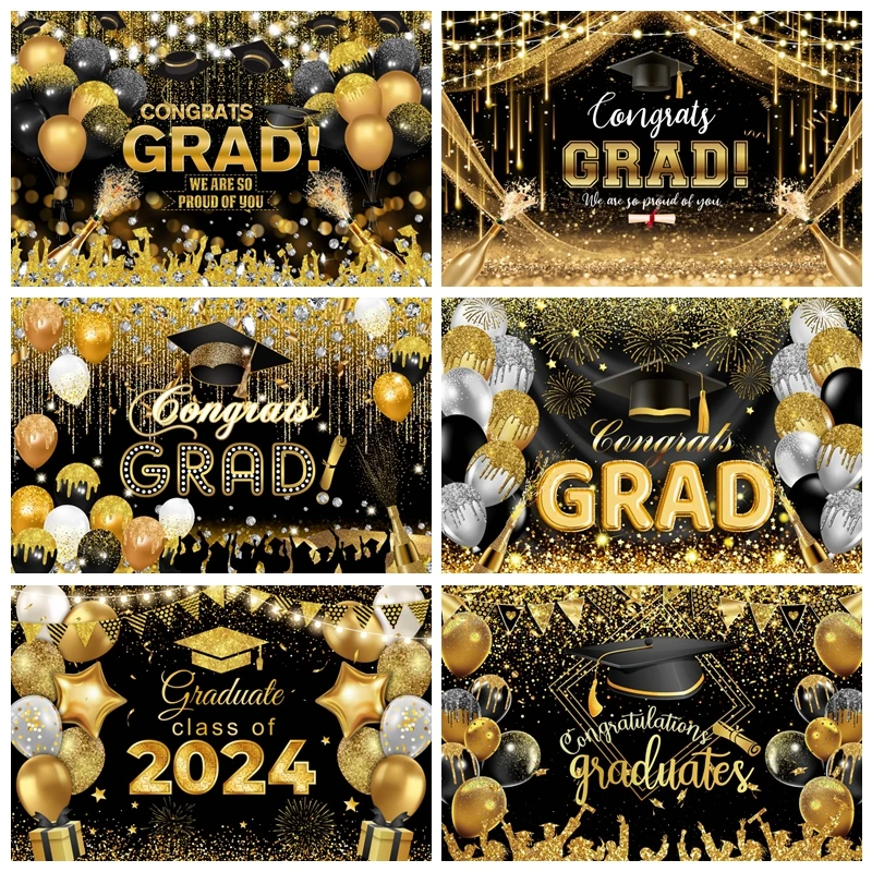 

Golden Black Graduate Class Of 2024 Backdrops For Photography School Grad Party Decor Background Photographic Photo Studio Props