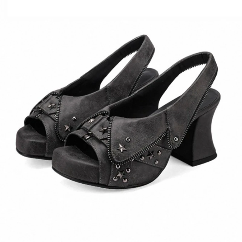 

Сандалии на высоком каблуке с металлическими заклепками в стиле панк, женские модные джинсовые сандалии на платформе с молнией, пикантные вечерние модельные туфли