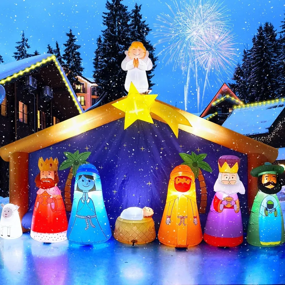 12.5FT Christmas Inflatable Nativity Scene with LED Light, Christmas Outdoor Decoration Inflatable