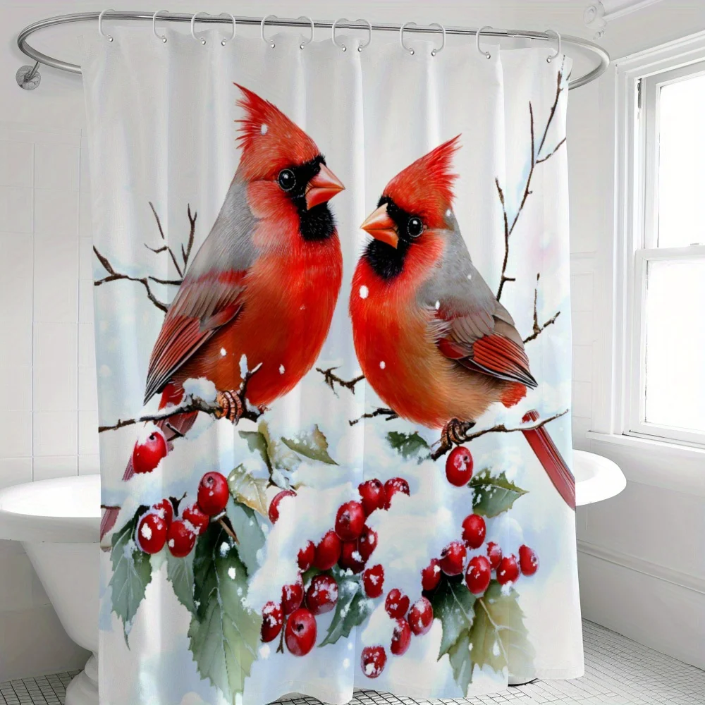 Christmas Theme -Shower Curtain, Beautiful Northern Cardinal Pattern - Machine Washable