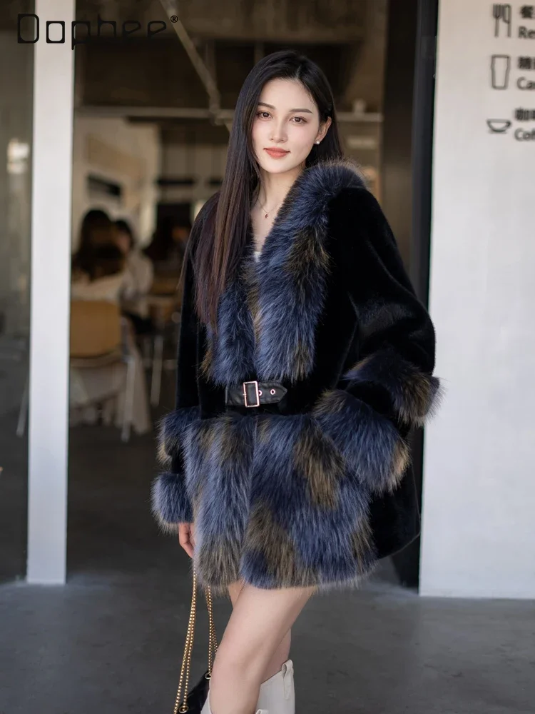 

Fox Fur Coat Women 2024 New Mink Fur Jackets V Neck Belt Decorate Warm Long Sleeve Outwear Luxury Female Trendy Elegant