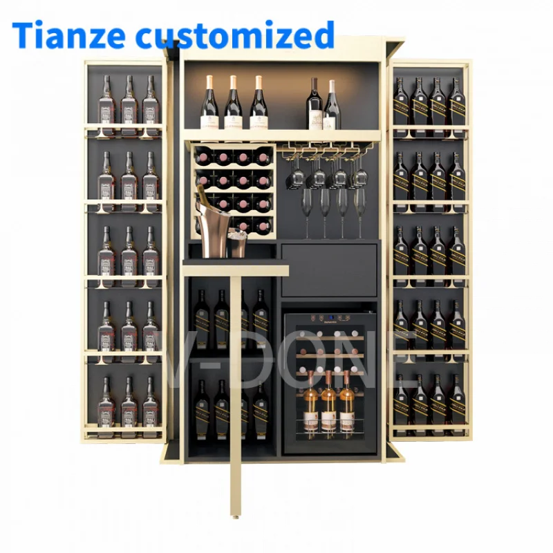 [Customized]Customized LED lighting high-end living room home bar glass showcase light luxury stainless steel wine display glass