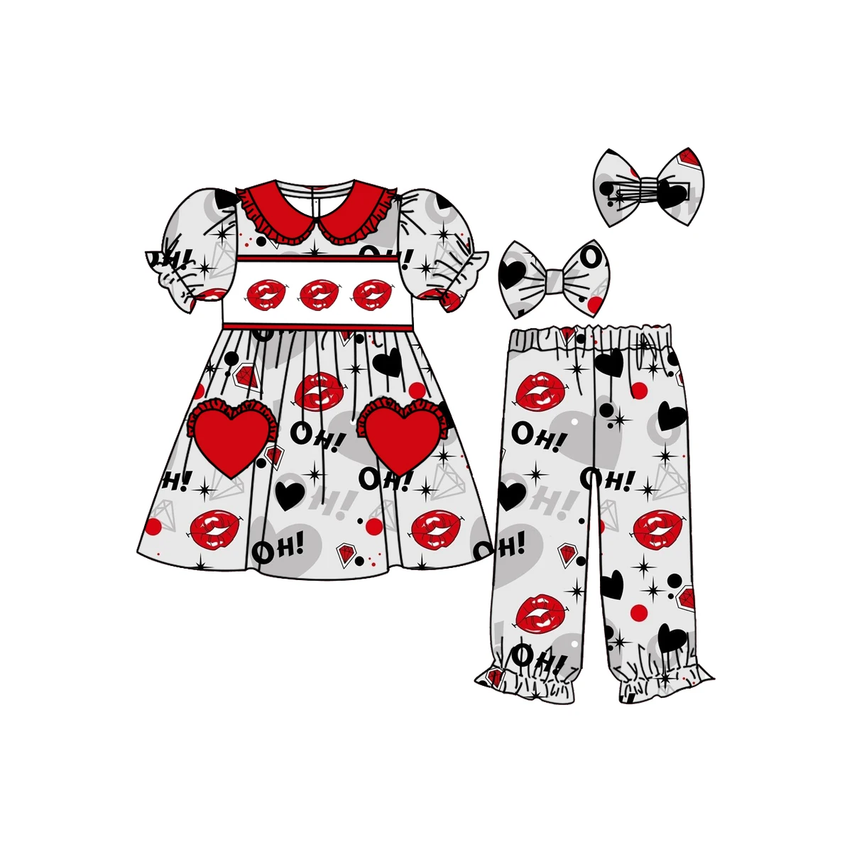 Toddler Girl Fashion Print Outfit Red Lips-Heart Pattern Set Boutique Girls Strawberry Cherry Bow Clothes Pajamas