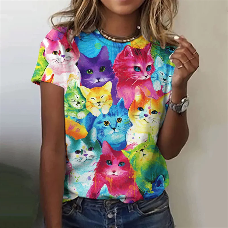 3D Printed Funny Animal T-Shirt for Women Cute Cat Graphic T Shirts Summer Harajuku Round Neck Tops Short Sleeves Loose Tees