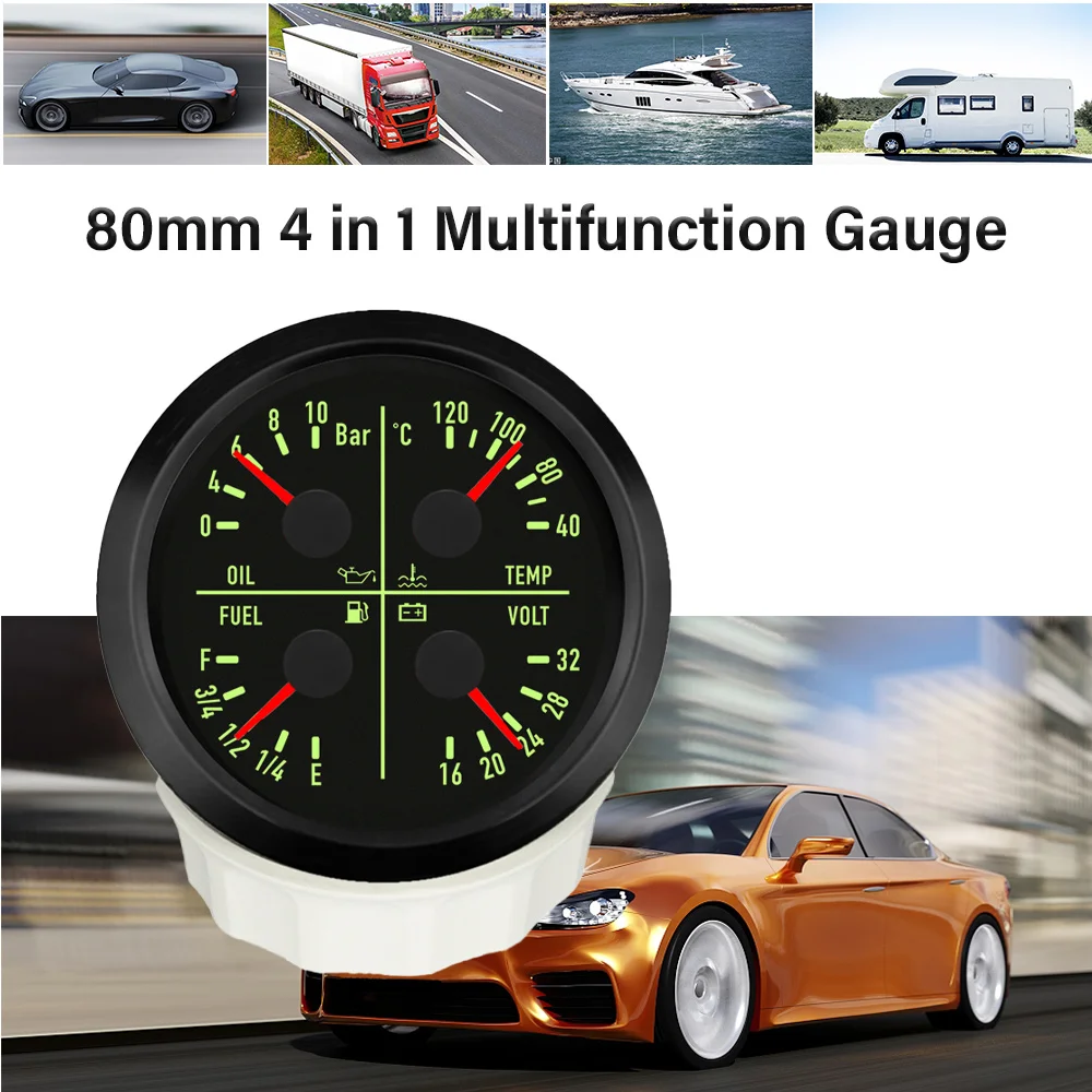 Rhaxel 80MM Multifunction Gauge with Fuel Level Oil Pressure 0-10Bar Water Temperature Voltmeter for Yachts Racing SUV 12V 24V