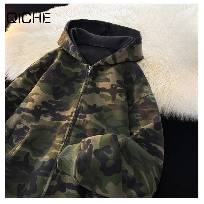 QICHE 2026 Men Camo Sweatshirt Jacket American High Street Hong Kong Style Loose Comfortable Casual Trendy Outerwear For Autumn
