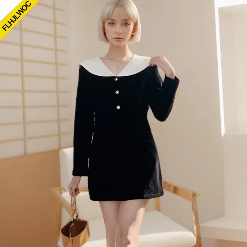 

Little Black Mini Dresses New Design Women Autumn Long Sleeve White Collar Slim Fitted Pencil Button Velvet Shirt Dress