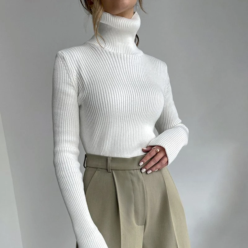 

Elegant Solid Slim Fit Turtleneck Sweaters Women 2023 Autumn and Winter Fashion Basic Knitted Base Layer Sweater Pullover Female