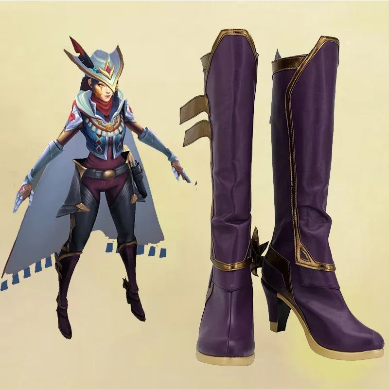 รองเท้าคอสเพลย์ LOL Ashe สีม่วง รองเท้าบูทส้นสูง รองเท้าหนังสั่งทำพิเศษสำหรับทุกเพศ