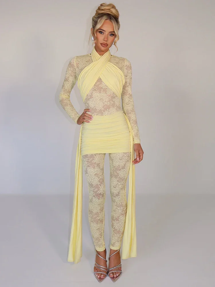 

DINADD Sexy Lace Jumpsuit Women Sheer Lace Patchwork Long Sleeve Jumpsuits Female Elegant Draped Ruched Skinny Jumpsuit