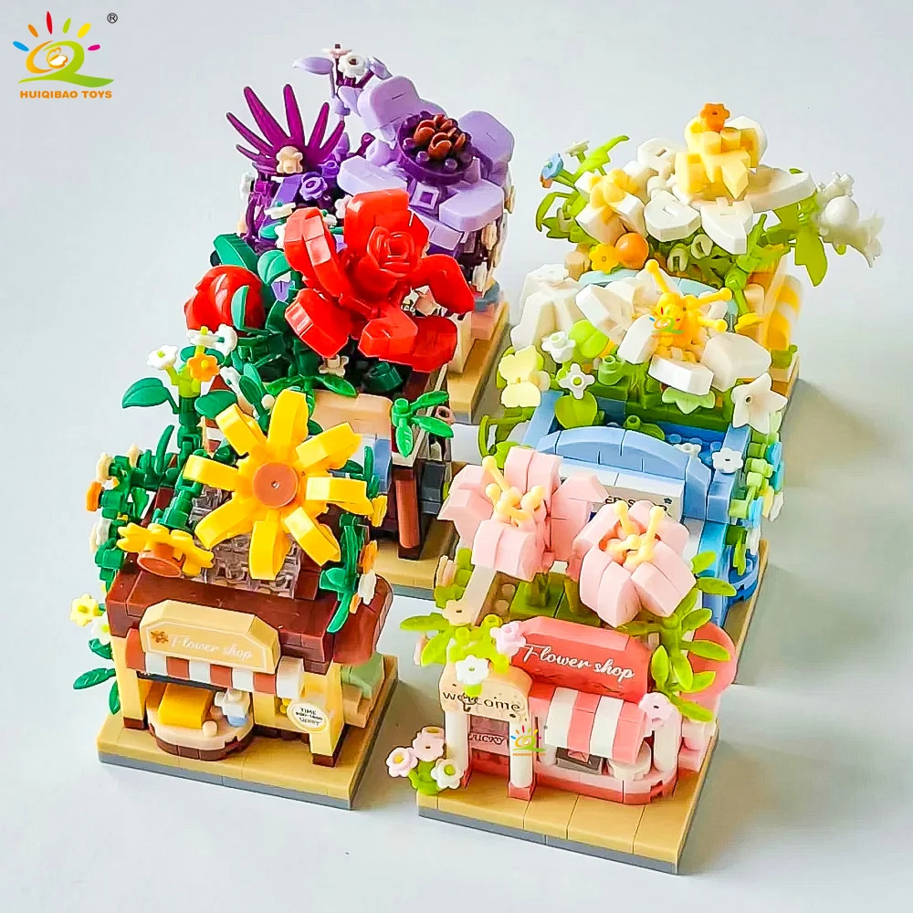 HUIQIBAO Cute MOC Flower store model Micro Building Block Street View Shop Model Mini Brick Toy for Children Desk Home Decor.