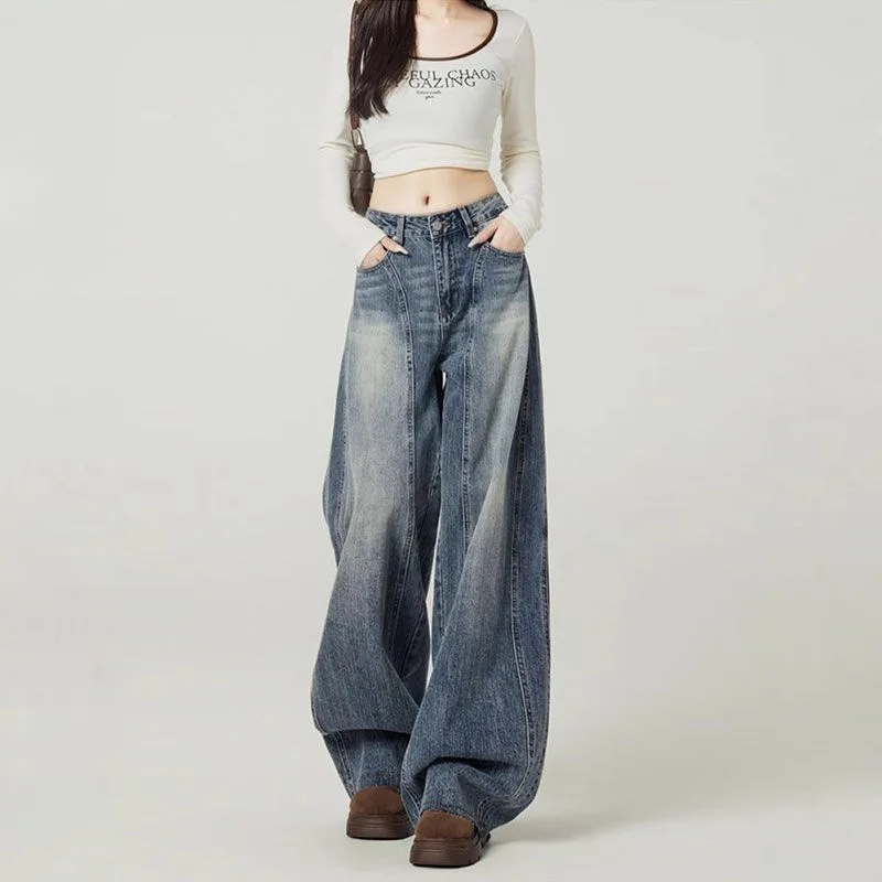 

Ретро джинсы с высокой талией, свободные, широкие штанины, женские, осенние, в американском стиле, модные, повседневные, с эффектом «ножа»