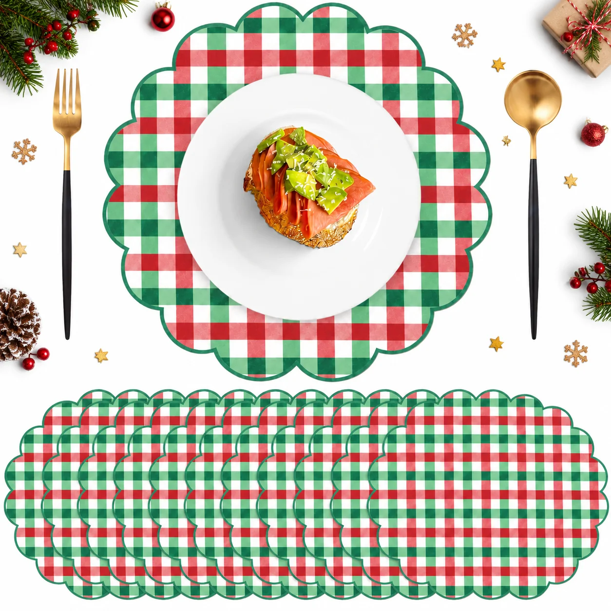 Red, green and white plaid paper placemats, disposable wavy Christmas placemats, suitable for festivals and parties