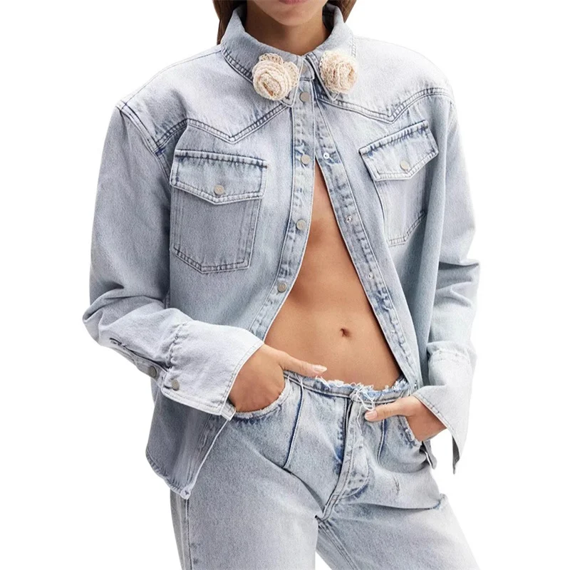 

women's blouses trend 2024 autumn new 3D flower decoration long sleeved top Women's shirt Retro washed pure cotton denim shirt