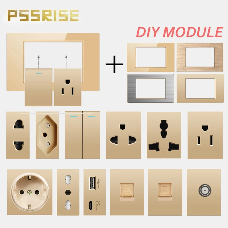 

PSSRISE 1/2 1/4 module Mexico USA EU standard Free combination gold DIY switch Double USB Type C 2.1A TV Parts 118mm*74mm Panel
