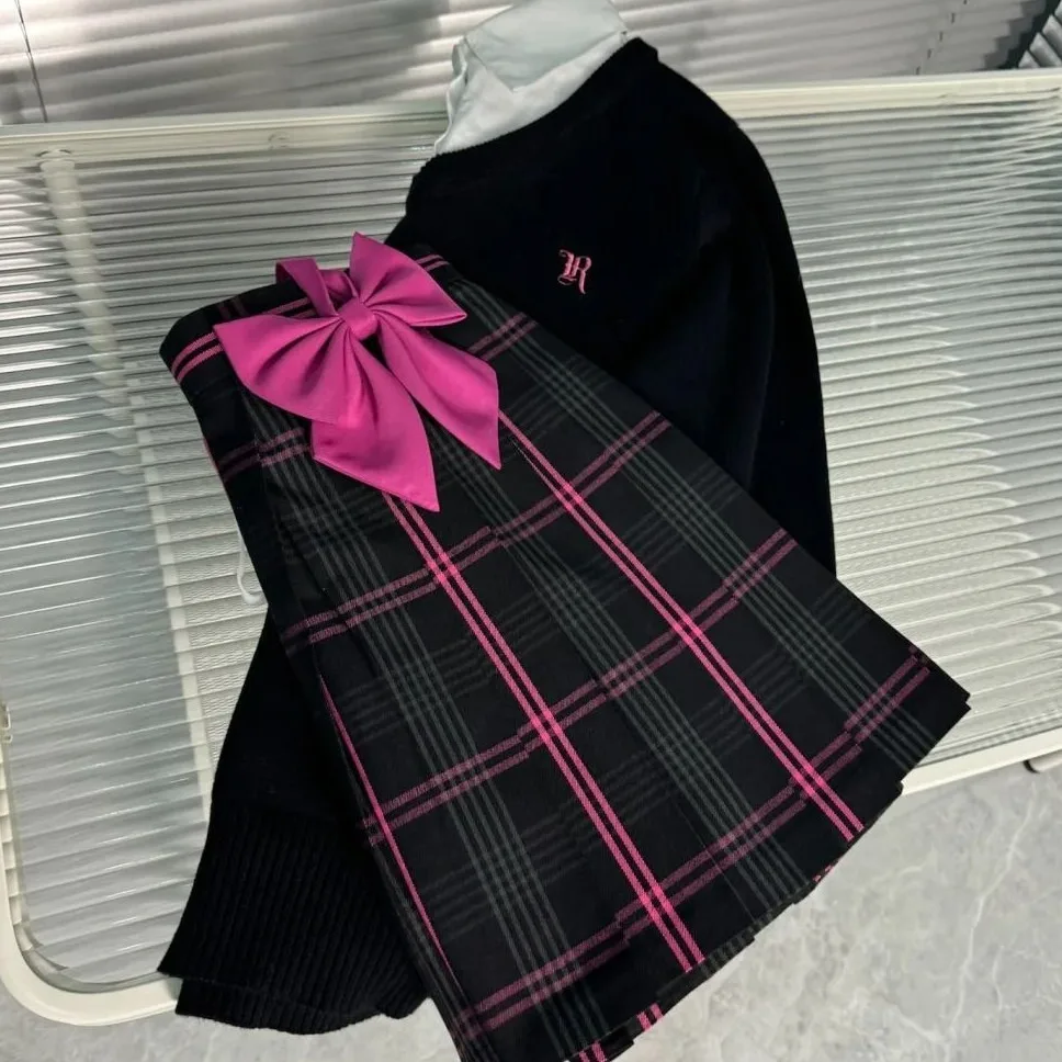 

plus Size Student Uniform Skirt Barbi Style Pleated Short Skirt Fashion Set Polyester Fabric Short Sleeve V-Neck Overhead