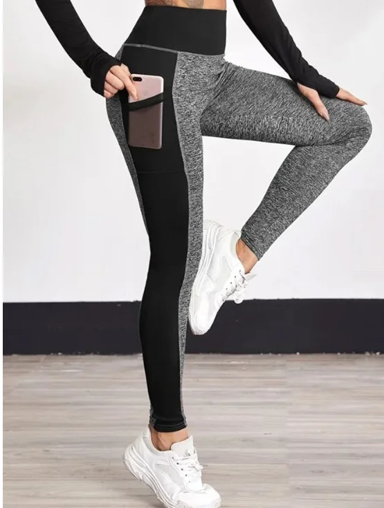 Women's High Waist Contrast Panel Yoga Leggings with Phone Pocket Tummy Control Butt Lifting Gym Pants for Running Workout