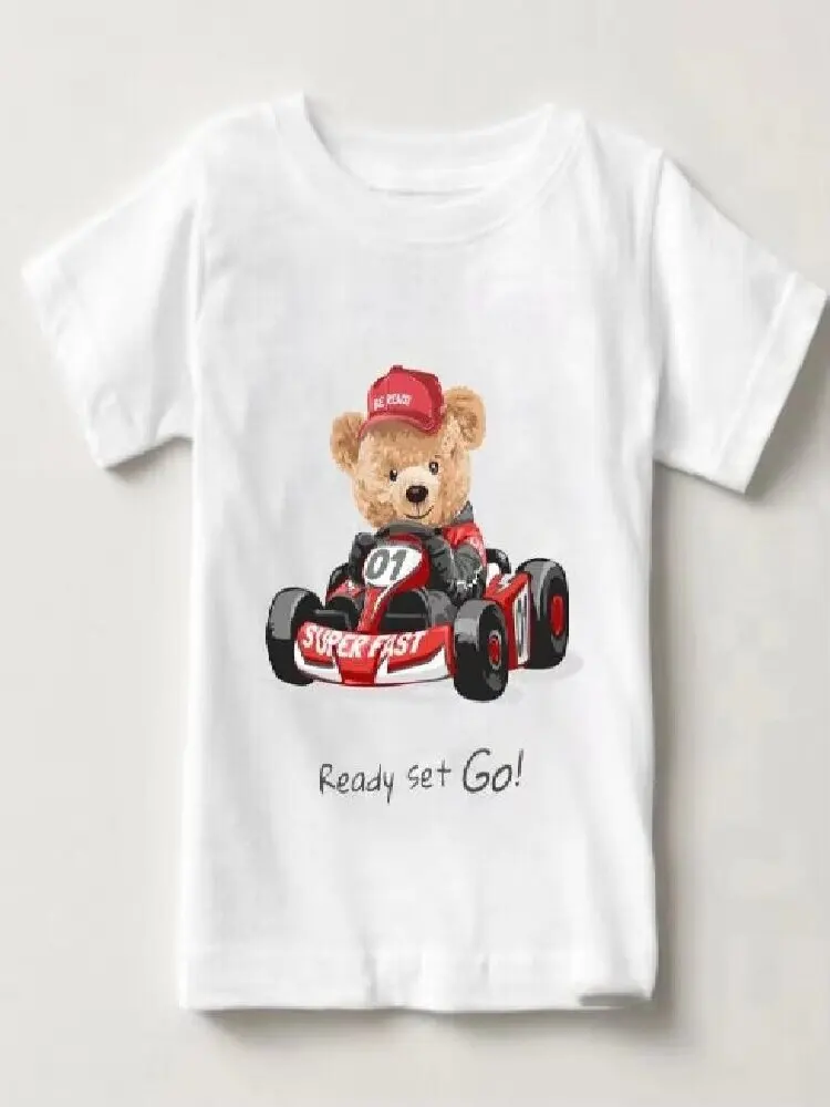 Divertente orso che cavalca moto auto stampa nuovi ragazzi e ragazze T-shirt bianca estate per bambini Harajuku Kawaii divertente bambino