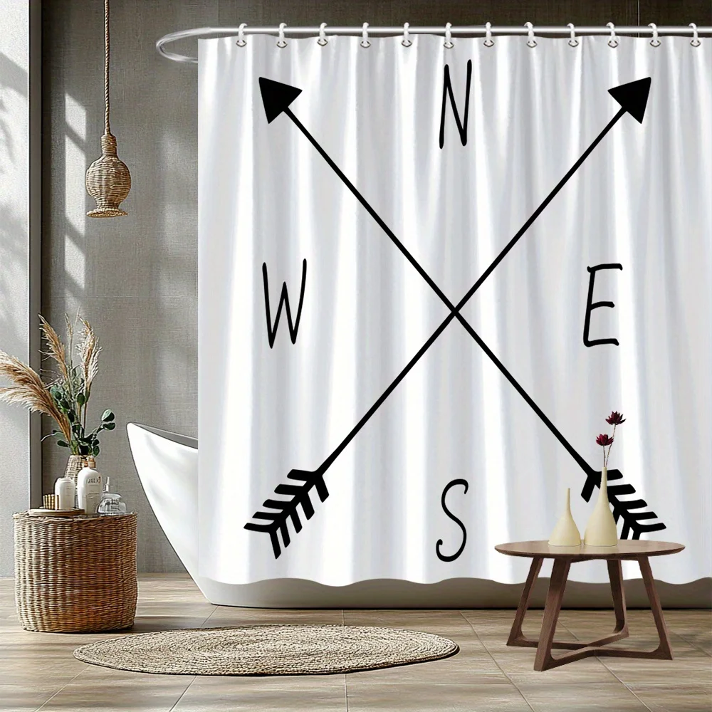 1pc Arrow and compass patterned shower curtain, made of polyester, machine washable, suitable for bathroom decor.