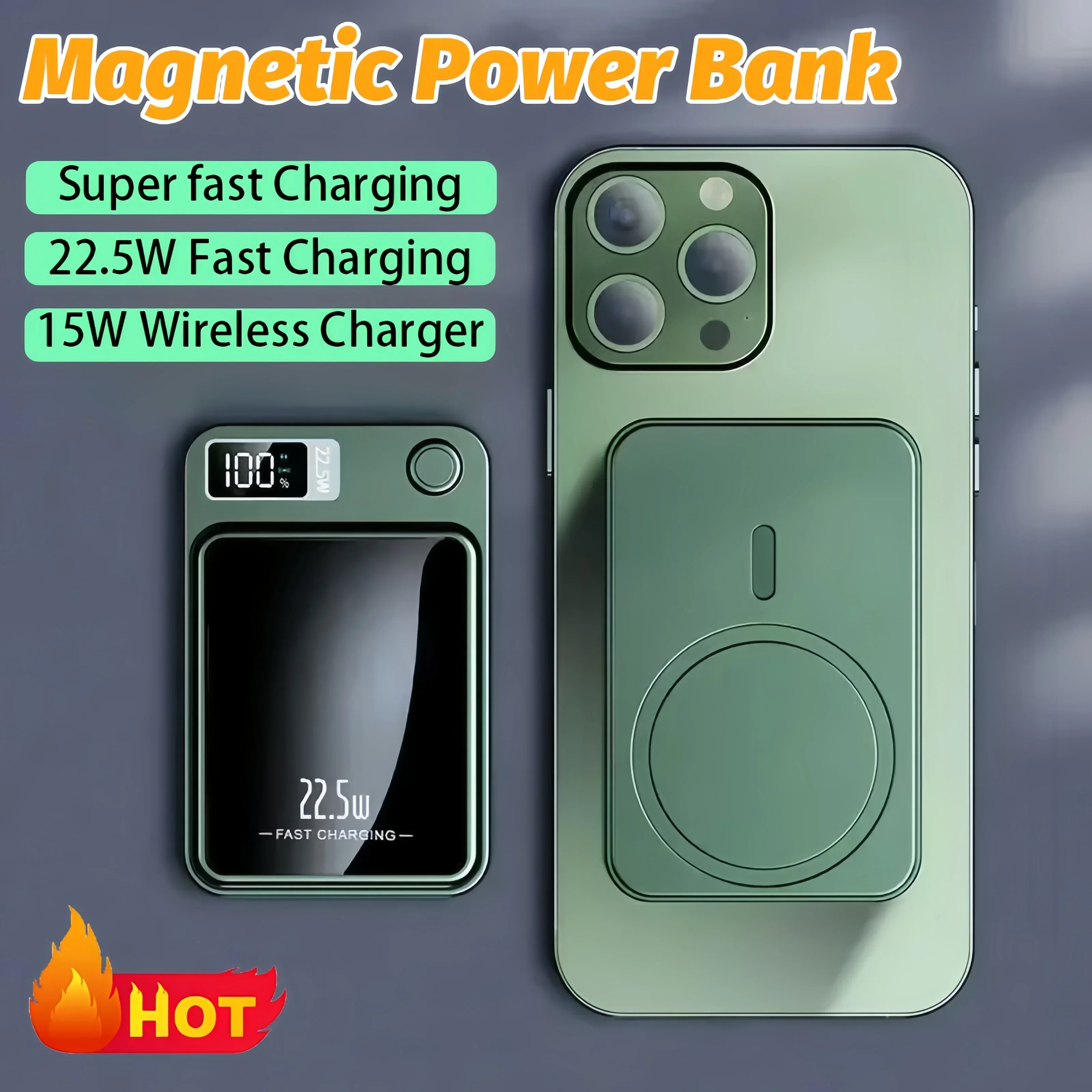 

50000mAh Portable Magnetic Power Bank Wireless Charger Back Clip Battery 22.5W Fast Charging Suitable for Samsung iPhone Xiaomi