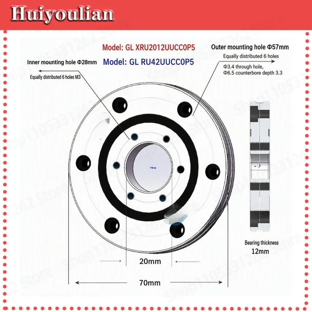 GL XRU2012UUCC0P5 Crossed Roller Bearing 20x70x12mm Precision Thin Section Rotary Bearing with Mounting Holes for Robot Joint