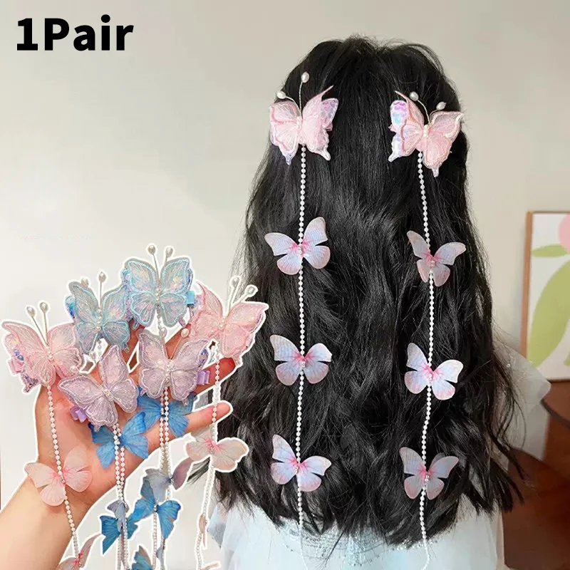 

2pcs Sweet Princess Girls Gauze Butterfly Hair Clips Pearl Tassel Braid Hairpins Children Festival Dress Up Hair Accessories