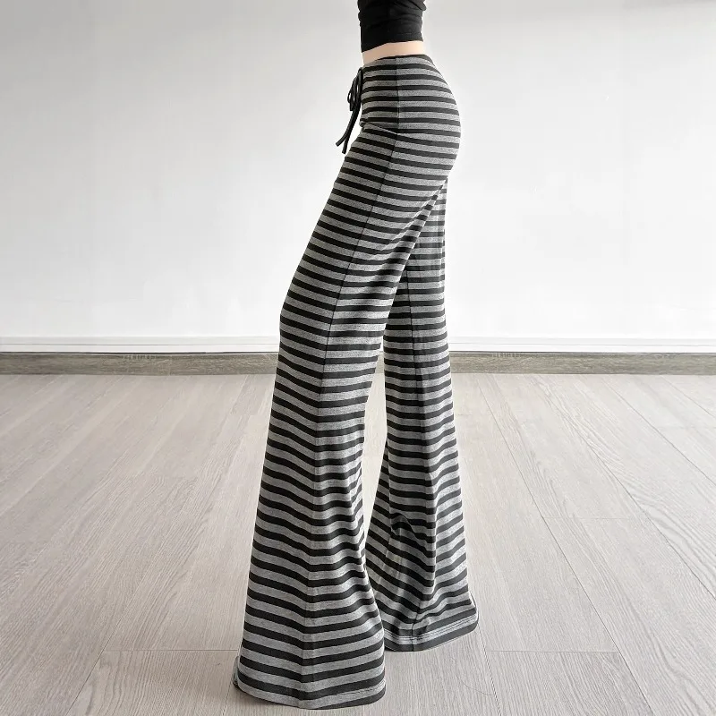 

Vintage Casual 2025 High Waist Elastic Waist Drawstring Striped Pants Fashion Women's Wide Leg Pants