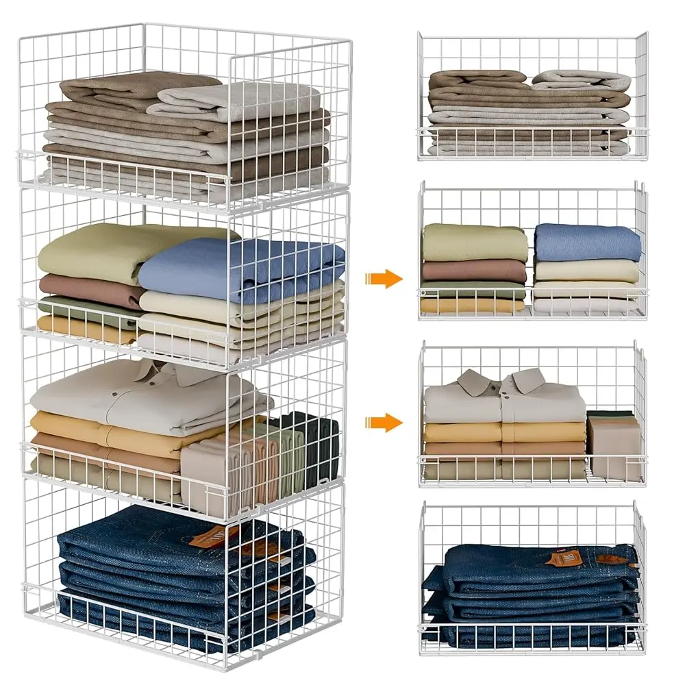 

4-Tier Stackable Closet Organizers And Storage Basket, Foldable Closet Shelf Organizer System, Space-Saving Clothes Storage
