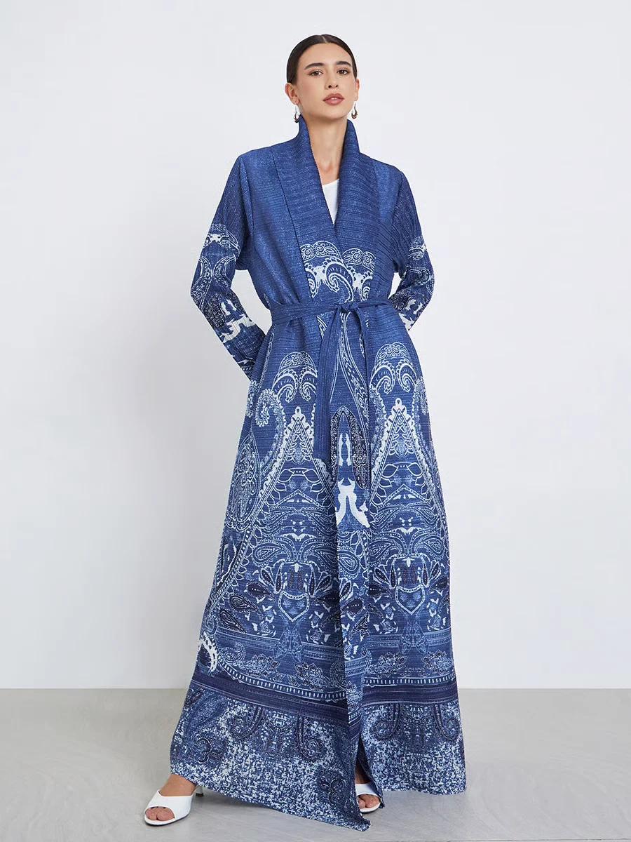 GGHK Women Abaya Retro Printed Cardigan with Lace Up Design Loose Plus Size Luxurious Long Coat 2026 New Female Holiday Clothing
