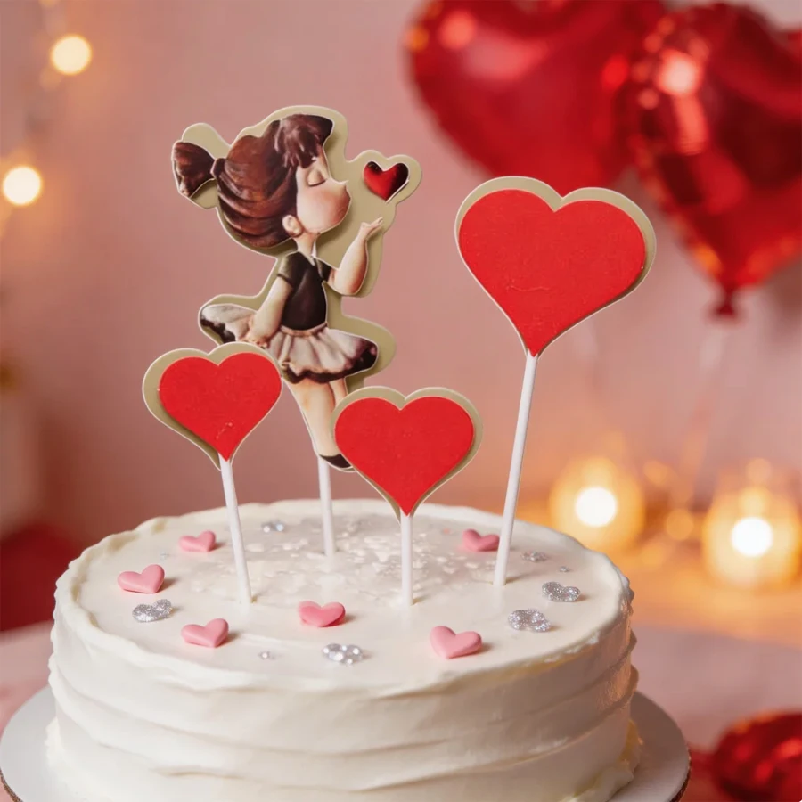 4Pcs Creative Girlfriend Flying Kiss Red Heart-shaped Cake Decoration Plugin Valentine's Day Love Celebration Baking Decoration